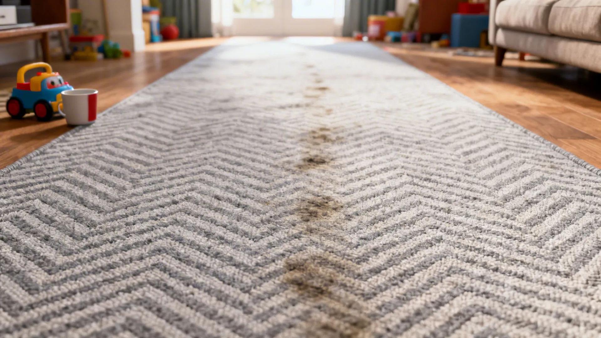 Light grey rug with faint herringbone weave in a family room walkway, showing durable low-pile texture.