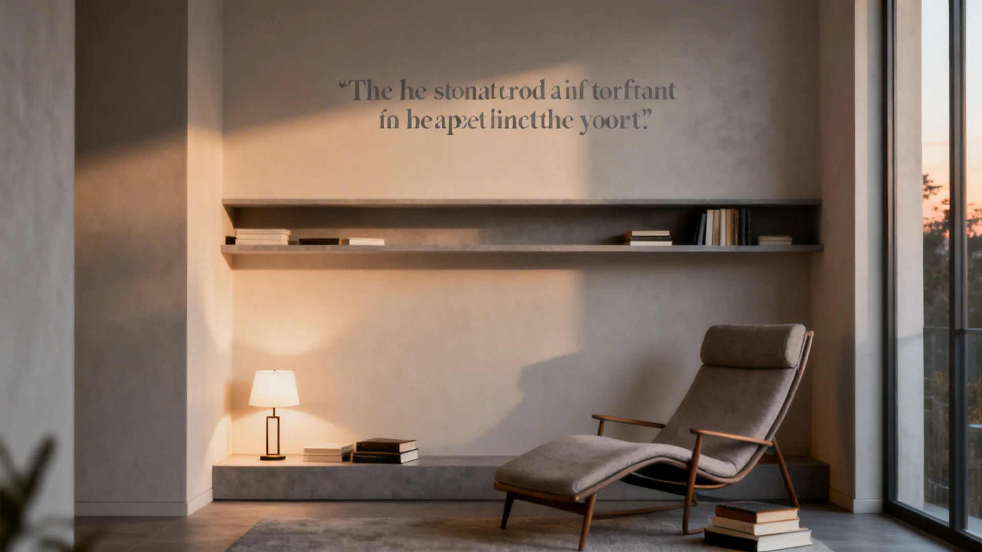Reading corner with a floating shelf and a low-contrast serif quote decal in warm gray.