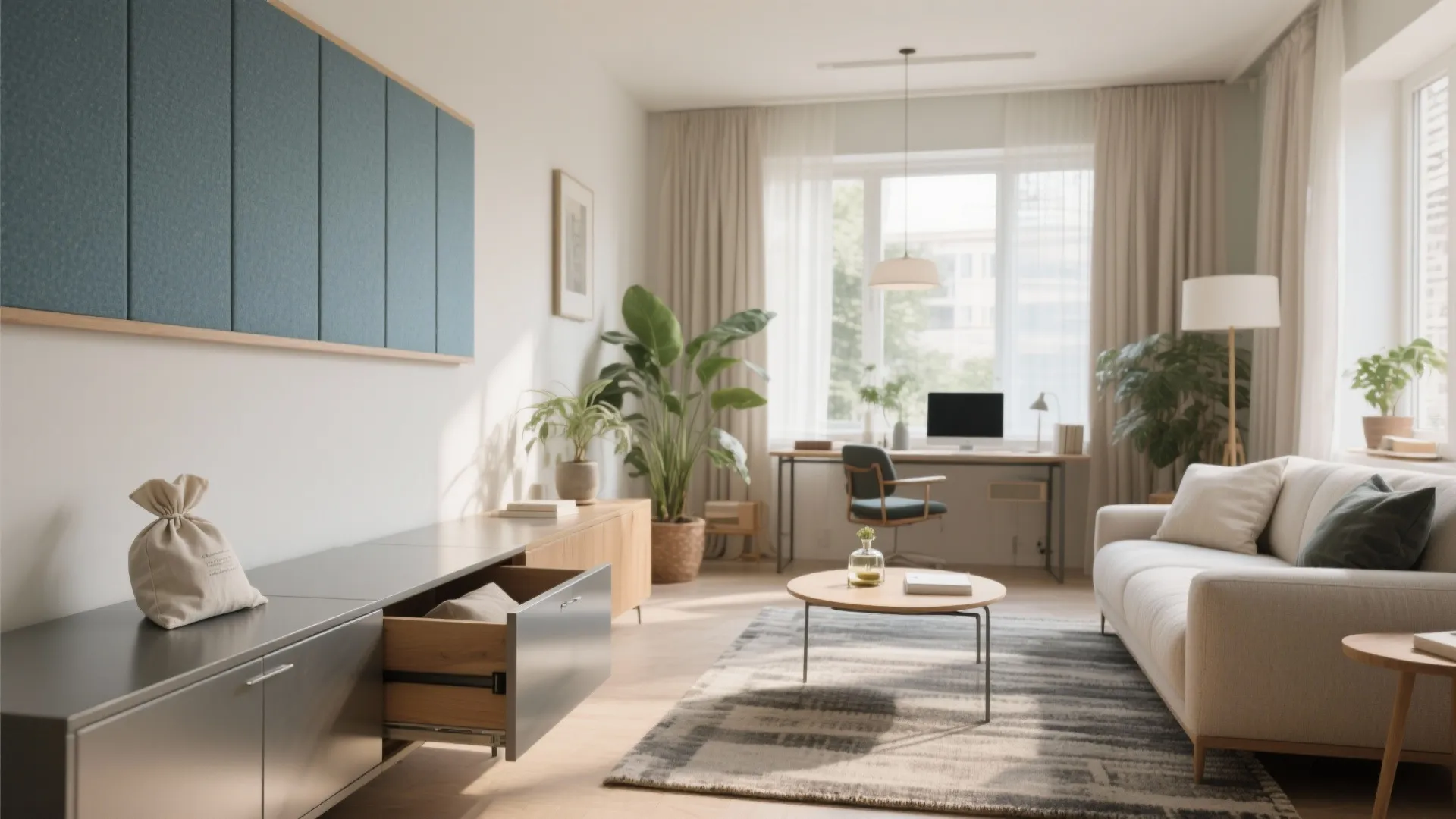 Modern bright living room with white sofa wooden table blue wall panel and home office desk