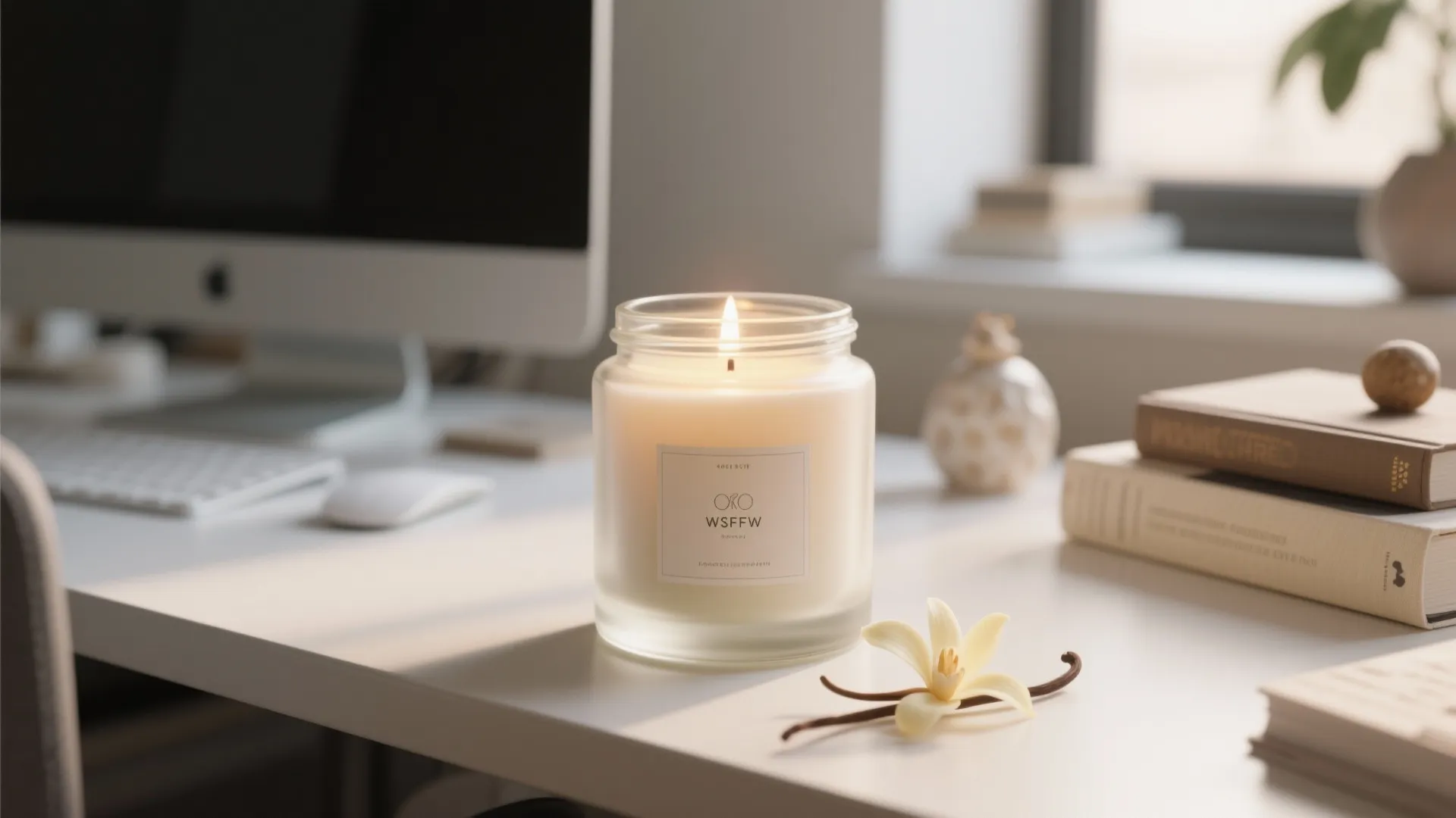 Scented candle in a glass jar lit on a white desk next to some books