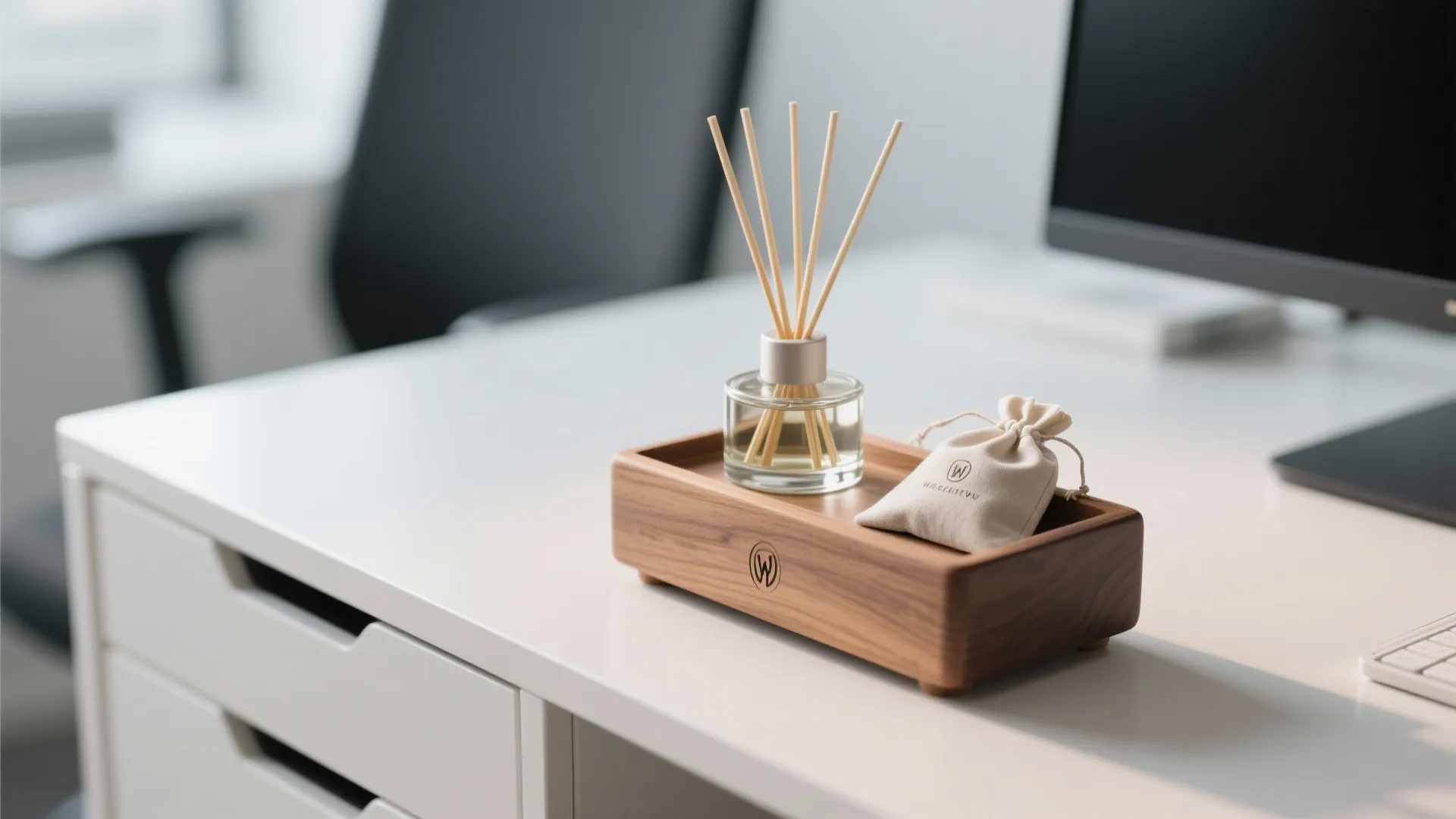 Reed diffuser and small scent bag on wooden tray placed on white modern office desk