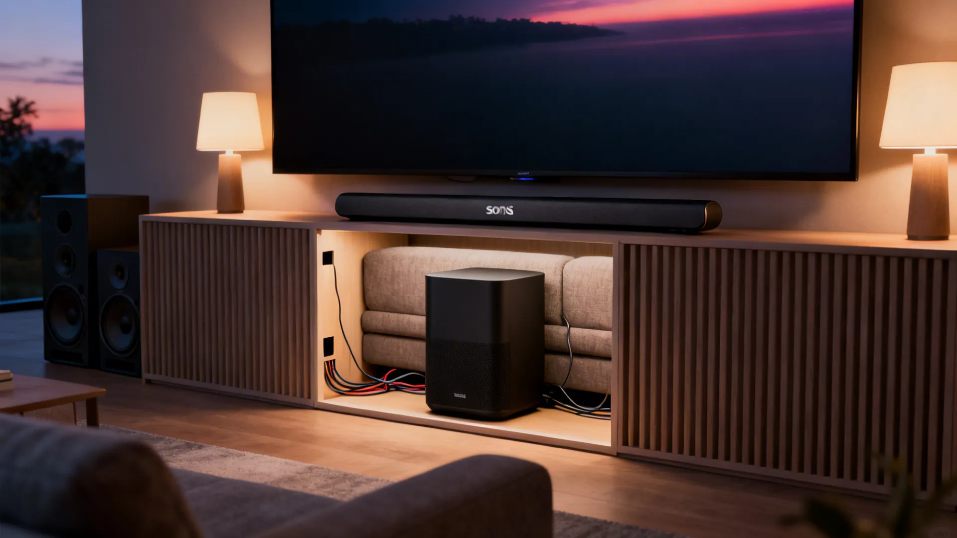 Elegant living room with Sonos Arc, Sub hidden behind sofa in ventilated cabinet, and rear One SL surrounds.