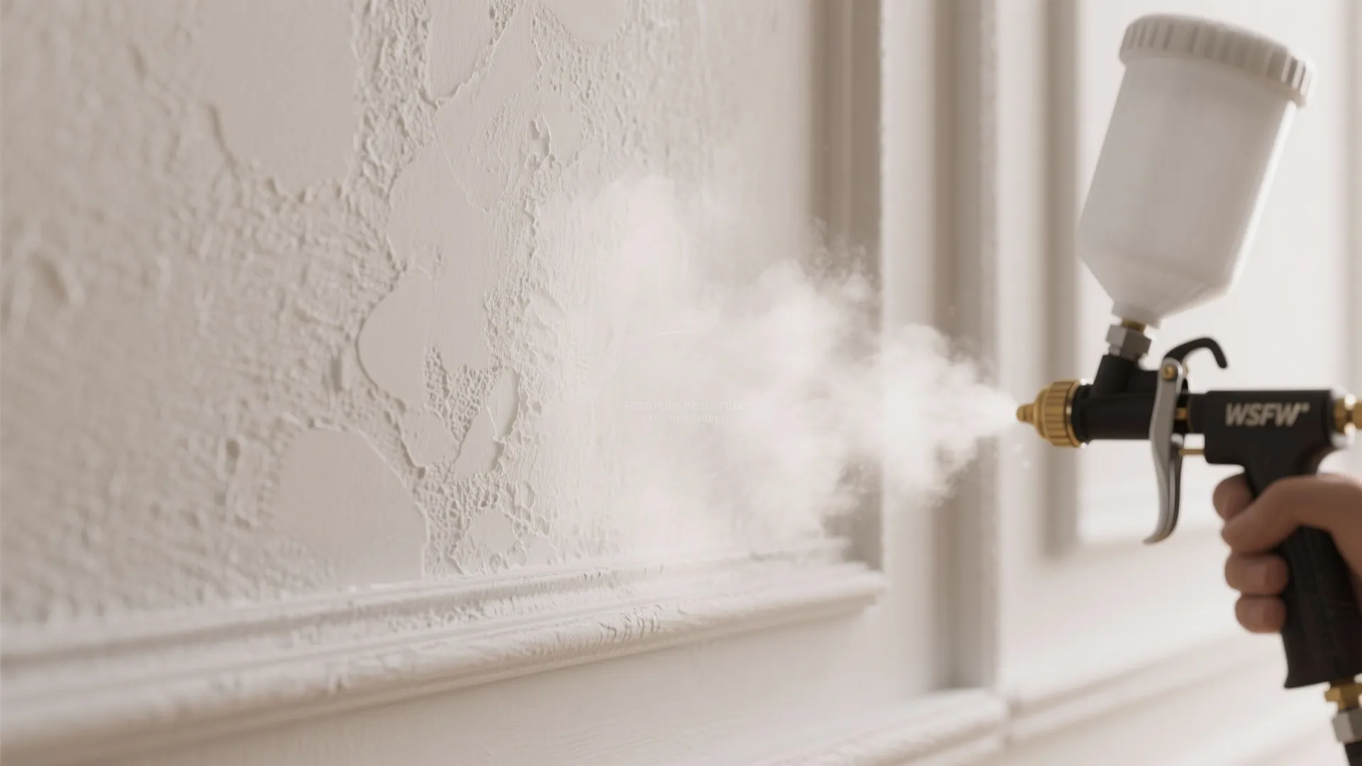 Macro view of a velvety matte wall texture created by an airless sprayer, showing fine atomization.