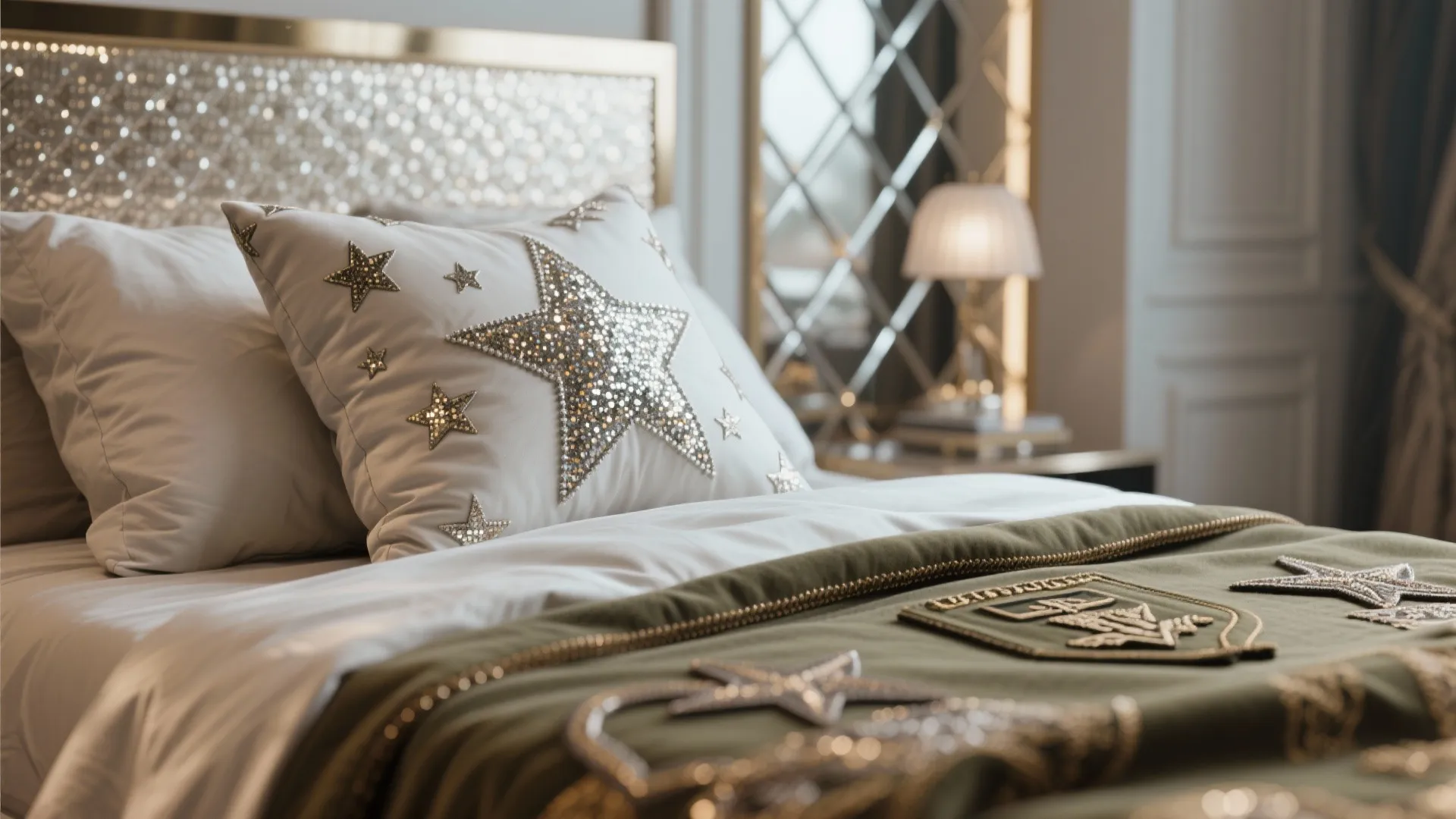 Close up of luxury bed with white star pillows and green blanket with gold star patterns