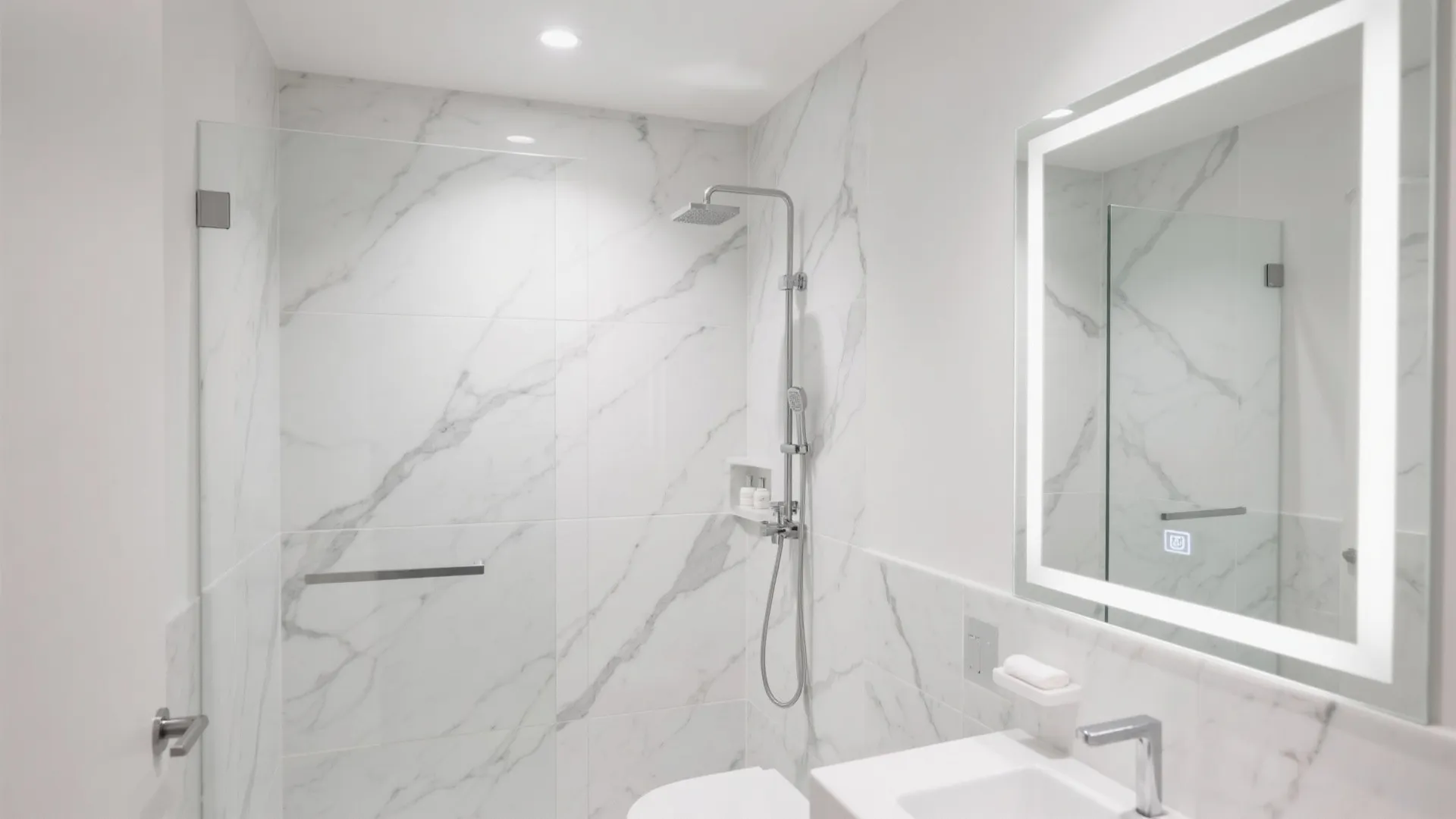 Bright small bathroom with subtle-vein white marble and light gray grout.