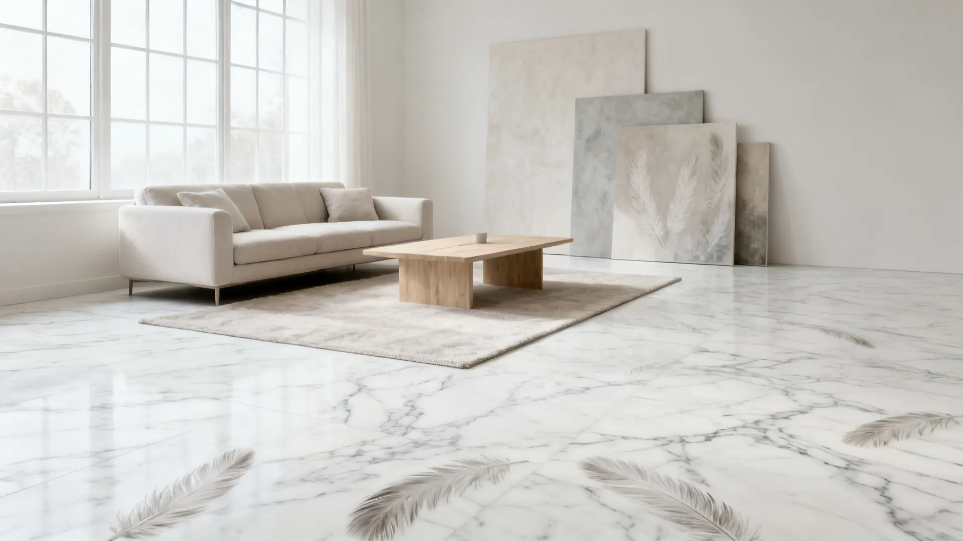 Minimalist living room with white marble floor featuring gentle, subtle veining.