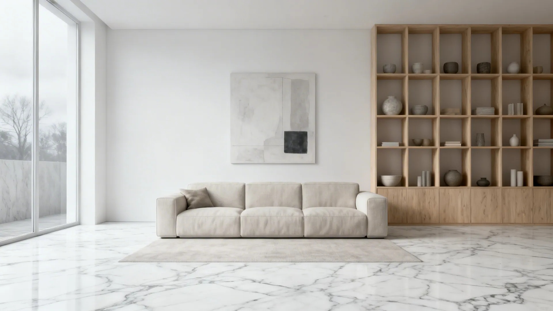 Minimalist living room with white marble floor featuring subtle, consistent veining.