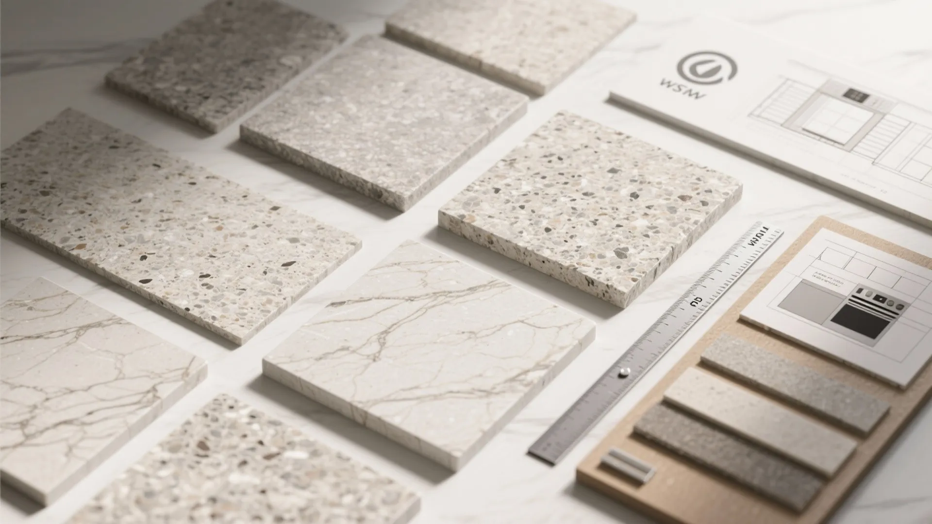 Various stone material samples for kitchen design with interior design drawing and a metal ruler