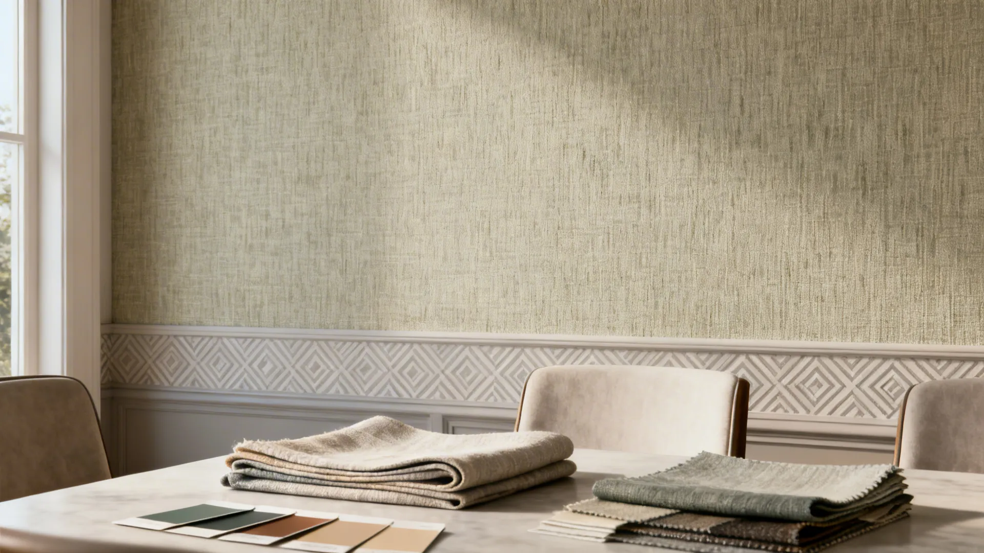 Textured low-contrast wallpaper sample on a dining accent wall with complementary fabric swatches and paint chips.