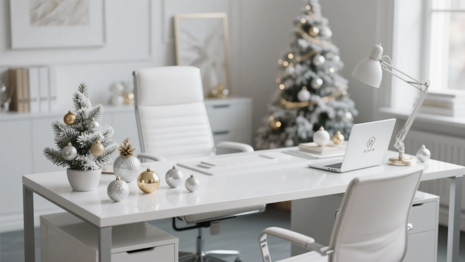 Modern white office desk with laptop and small Christmas tree surrounded by silver holiday decorations