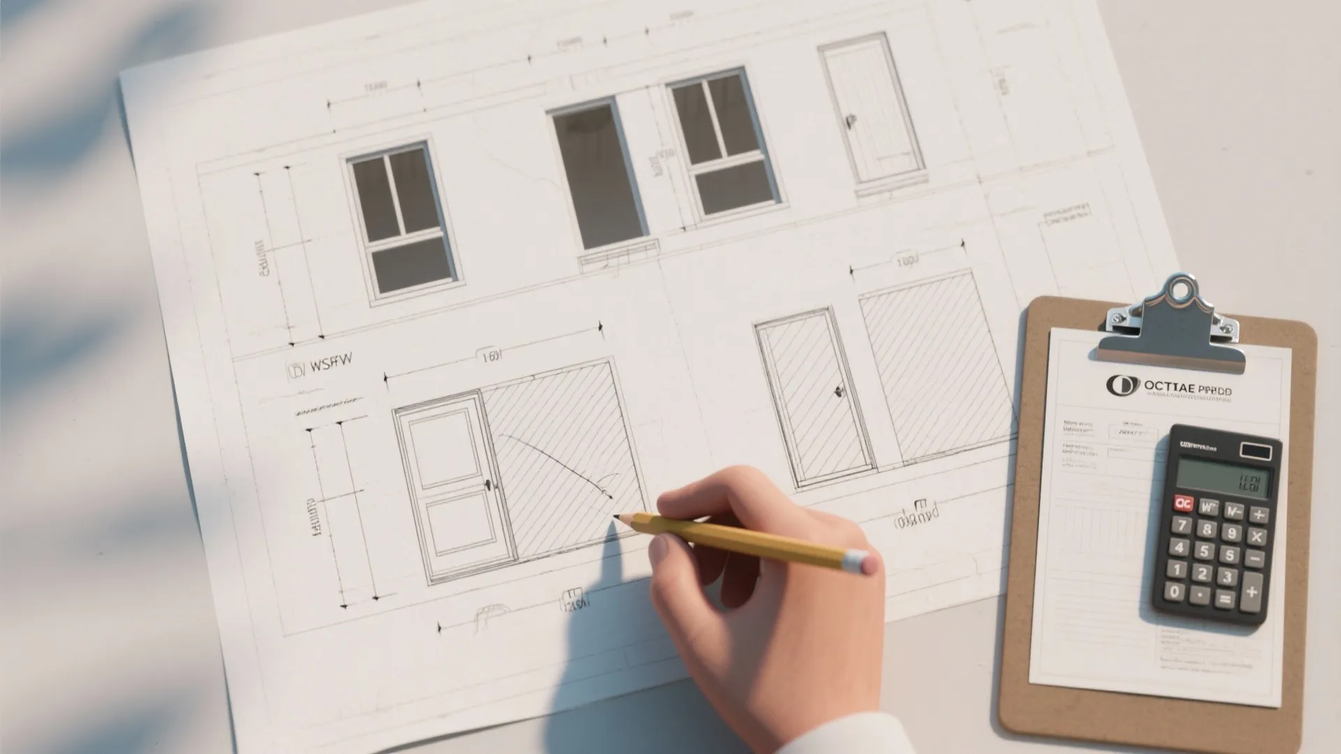 Top-down drawing of a wall plan with windows and doors hatched out and measurement notes being subtracted.