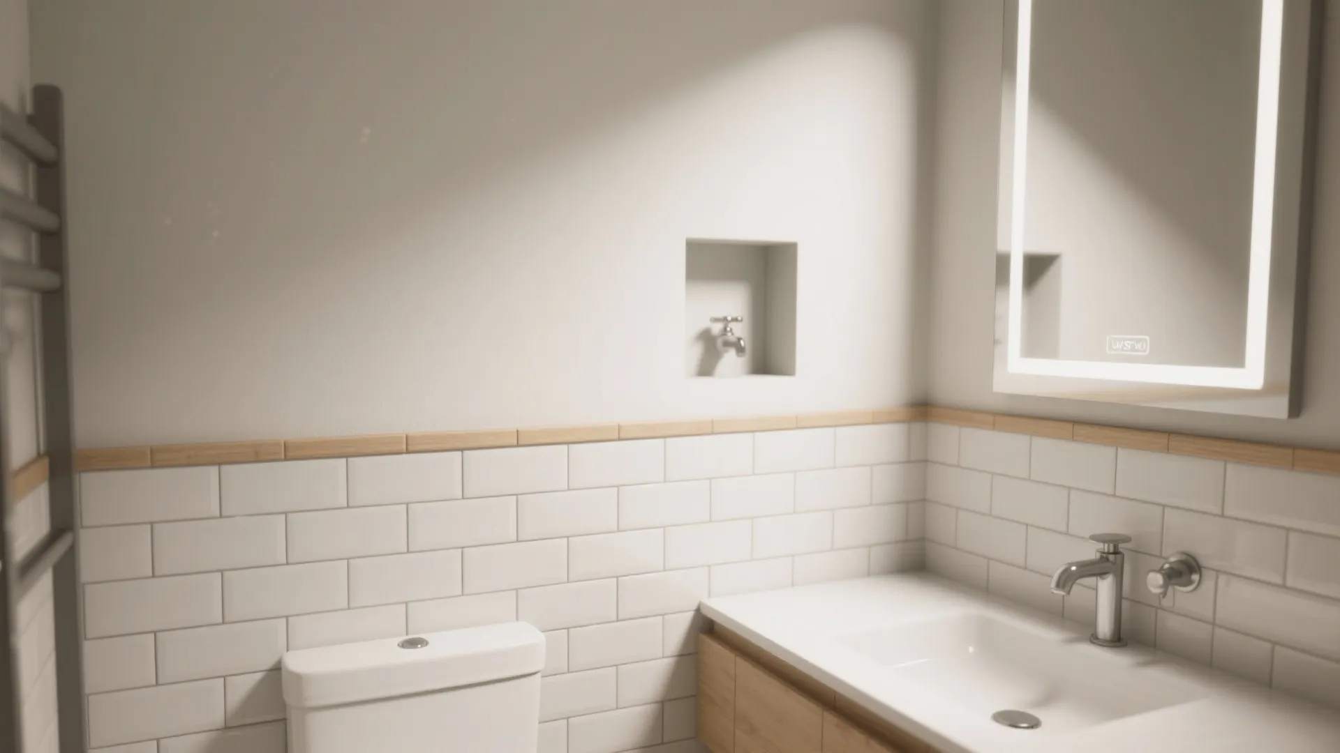 White subway tile bathroom wall with wooden trim above a toilet and white sink vanity