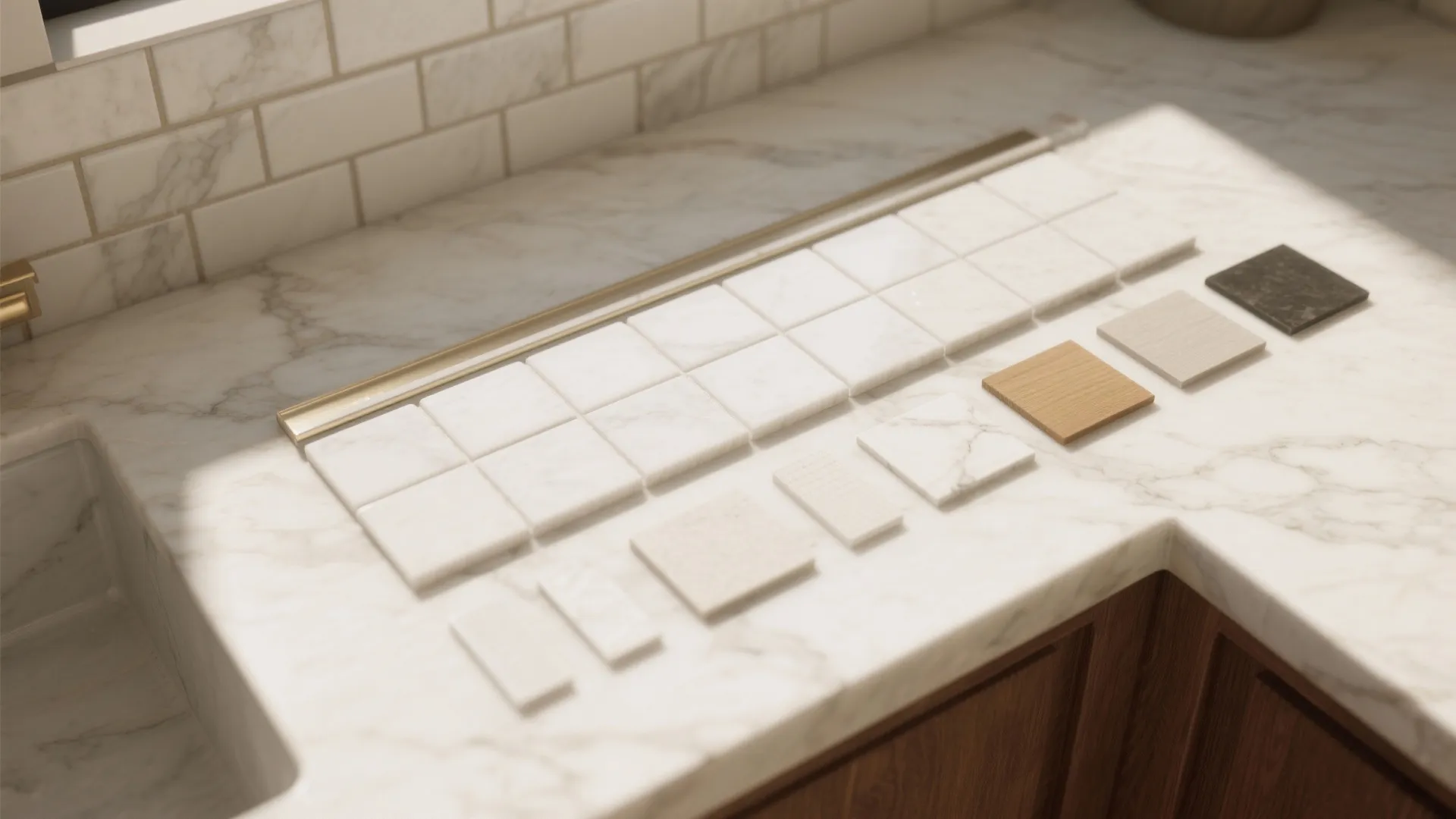 Modern kitchen countertop showing small white square tiles wood samples and marble wall panel textures