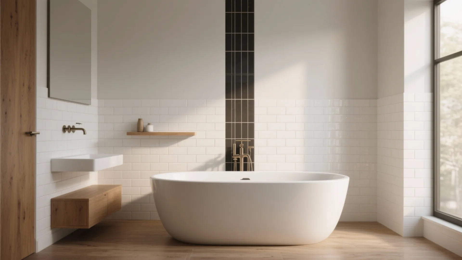 [
  {
    "url": "https://coohom-biz-sg-s3.coohom.com/ins/static/article/subway-accent-1759983438032285000.jpg",
    "alt": "Modern bathroom featuring white bathtub, subway wall tiles, black accent stripe, wood floor, and sunlight"
  }
]
