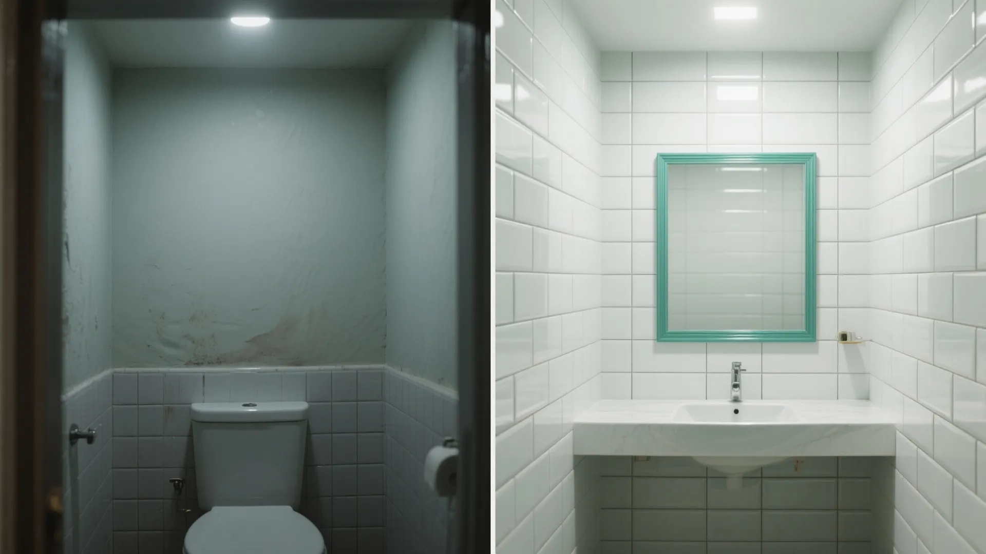 Before and after comparison of old dark toilet room versus bright white tiled bathroom with sink