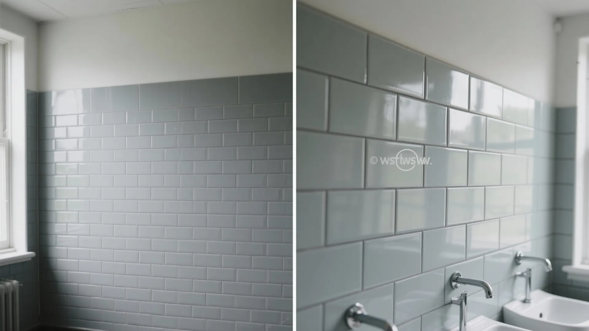 Comparison of blue wall tiles showing a wide view versus a close up of sinks