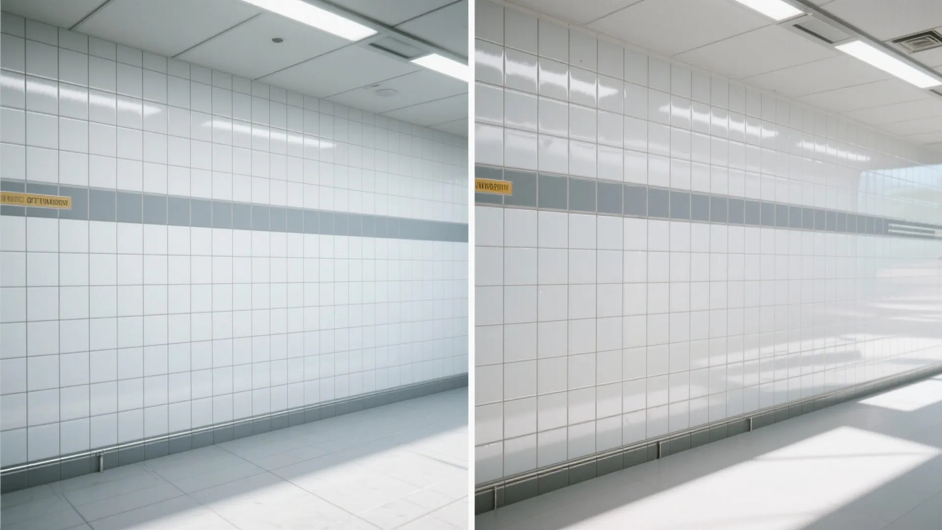 Side by side comparison of a white tiled public hallway with a grey accent stripe