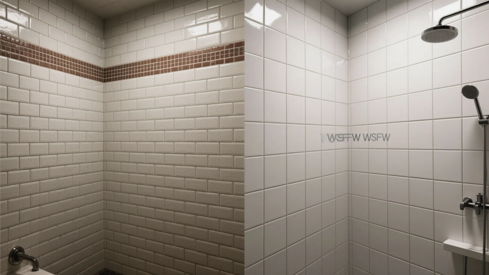 Before-and-after of shower walls showing horizontal brick bond versus vertical stacked glossy subway.