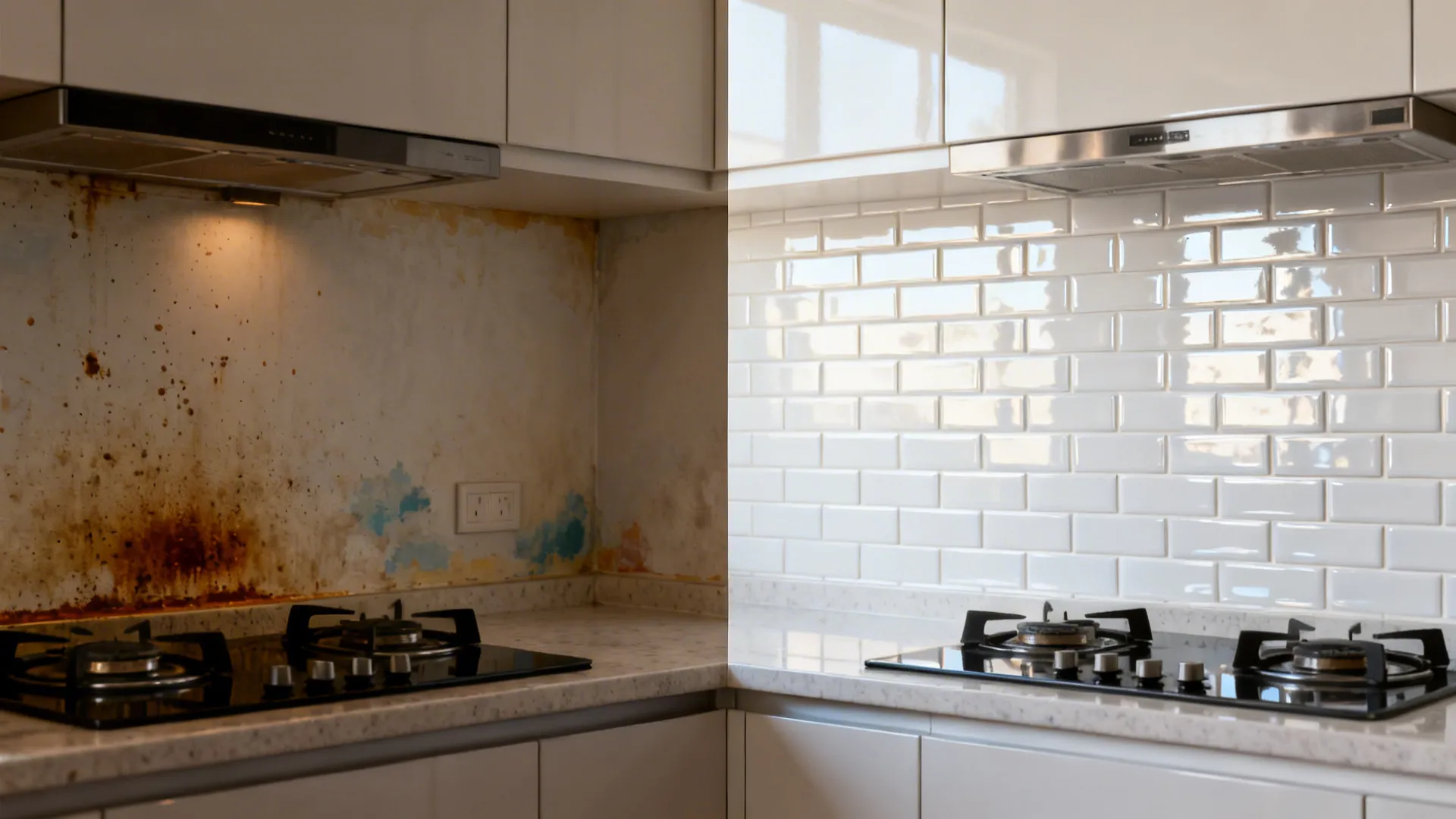 Before-and-after of a compact kitchen switching from painted wall to glossy subway tiles.
