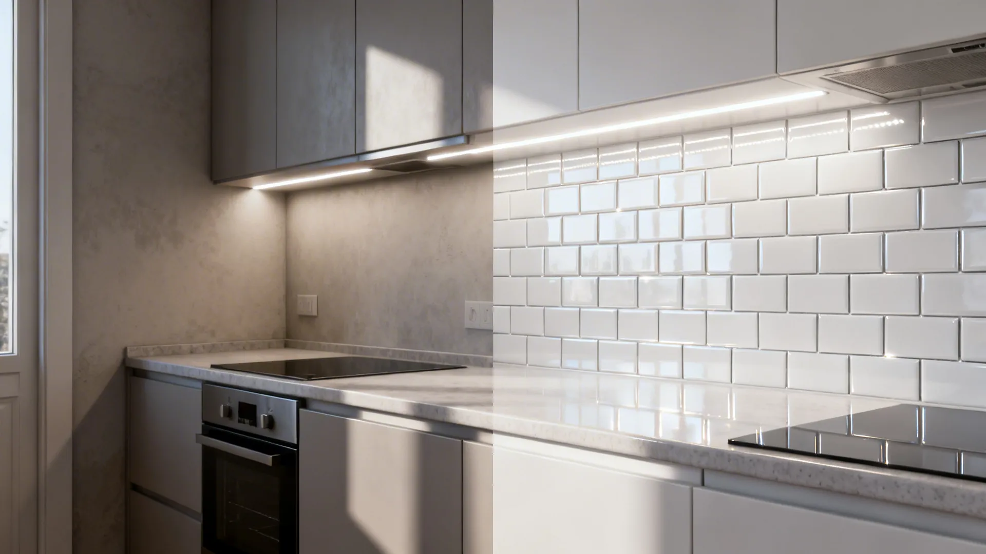 Before and after comparison showing painted wall versus glossy subway tile backsplash in a small kitchen.