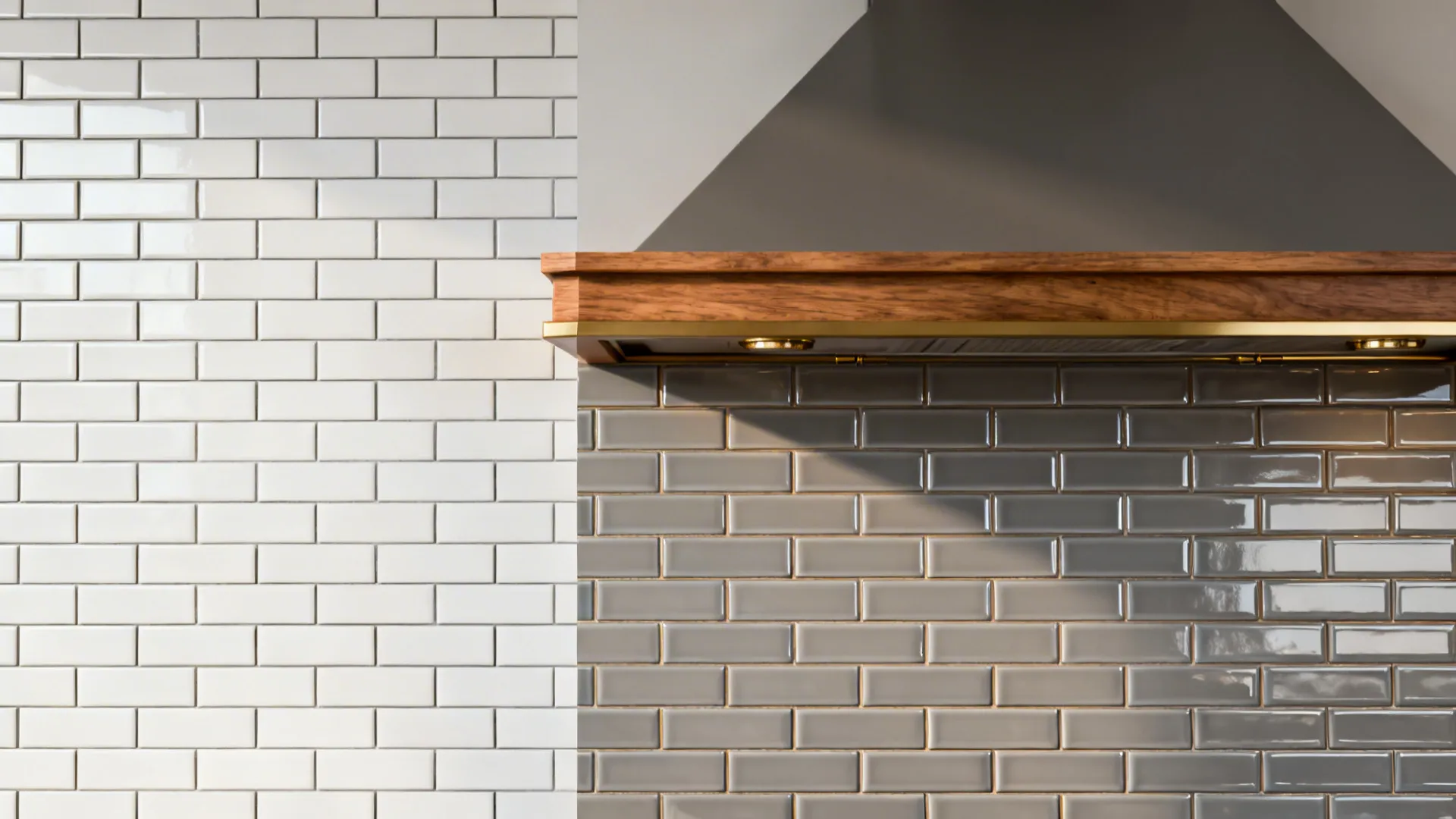 Before-and-after small kitchen showing sterile subway vs warm-gray grout subway with oak accents.