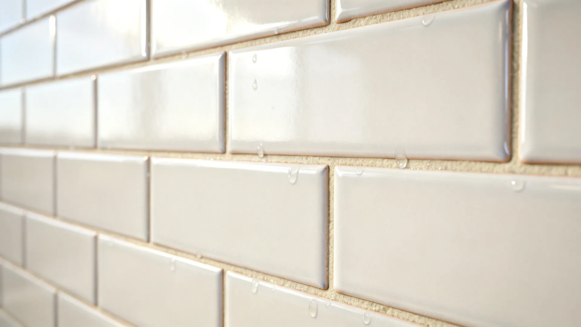 Macro detail of beveled glossy white subway tiles with warm grout