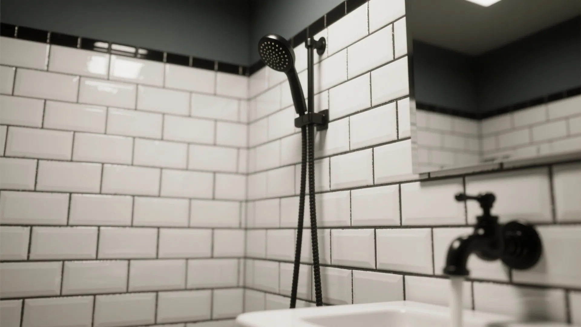 3. Monochrome subway walls with dark grout