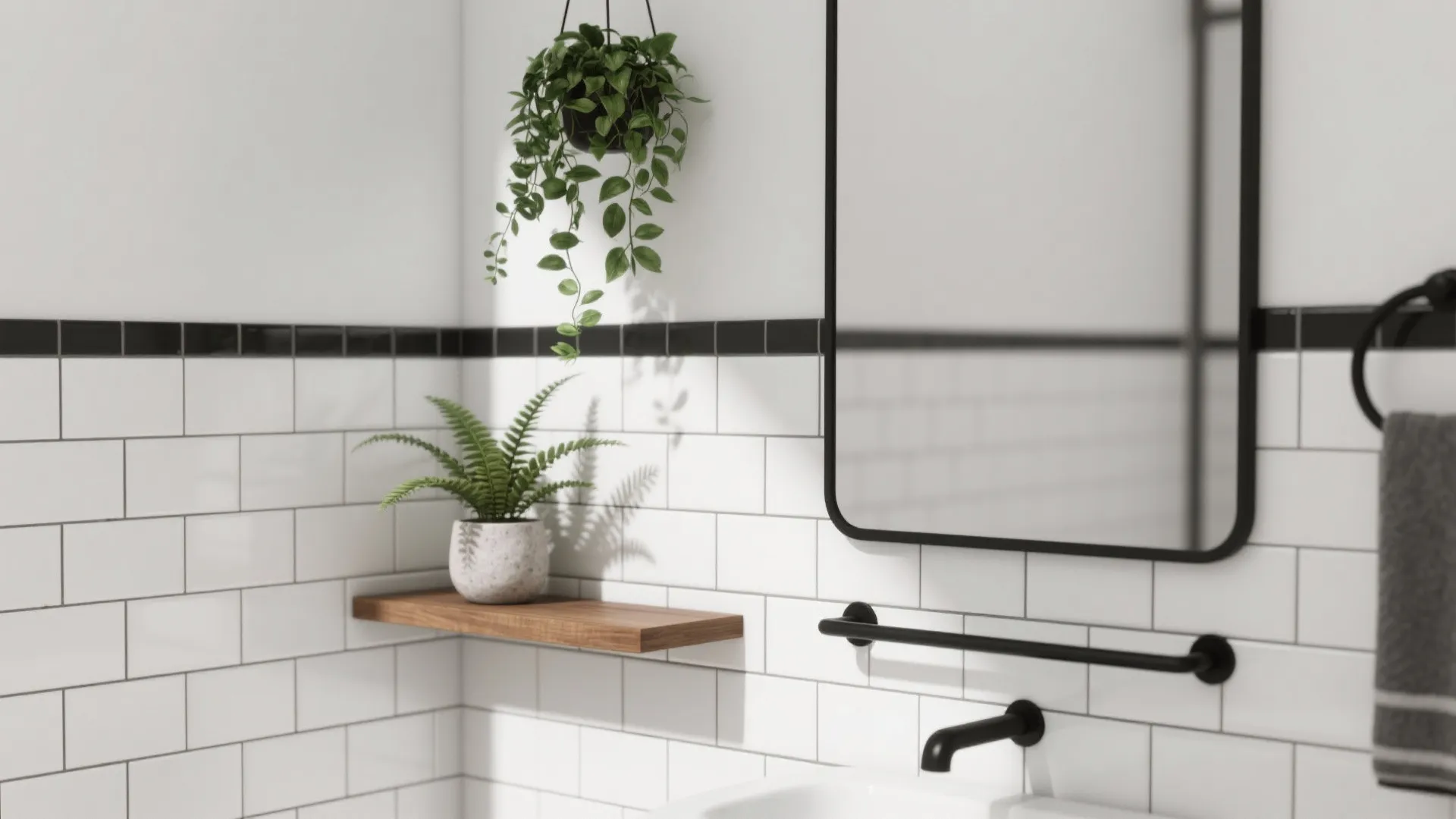 3. White subway tiles, black grout, and botanical accents