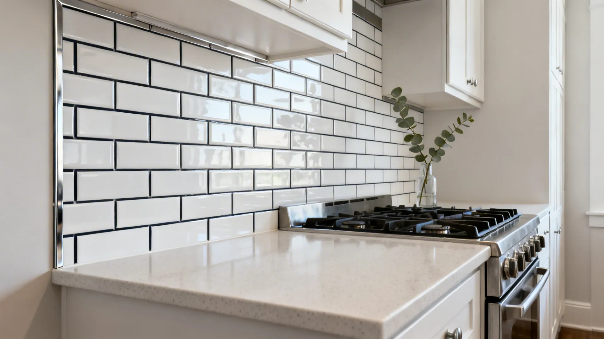White stacked subway tile backsplash with bold charcoal grout in a small kitchen.