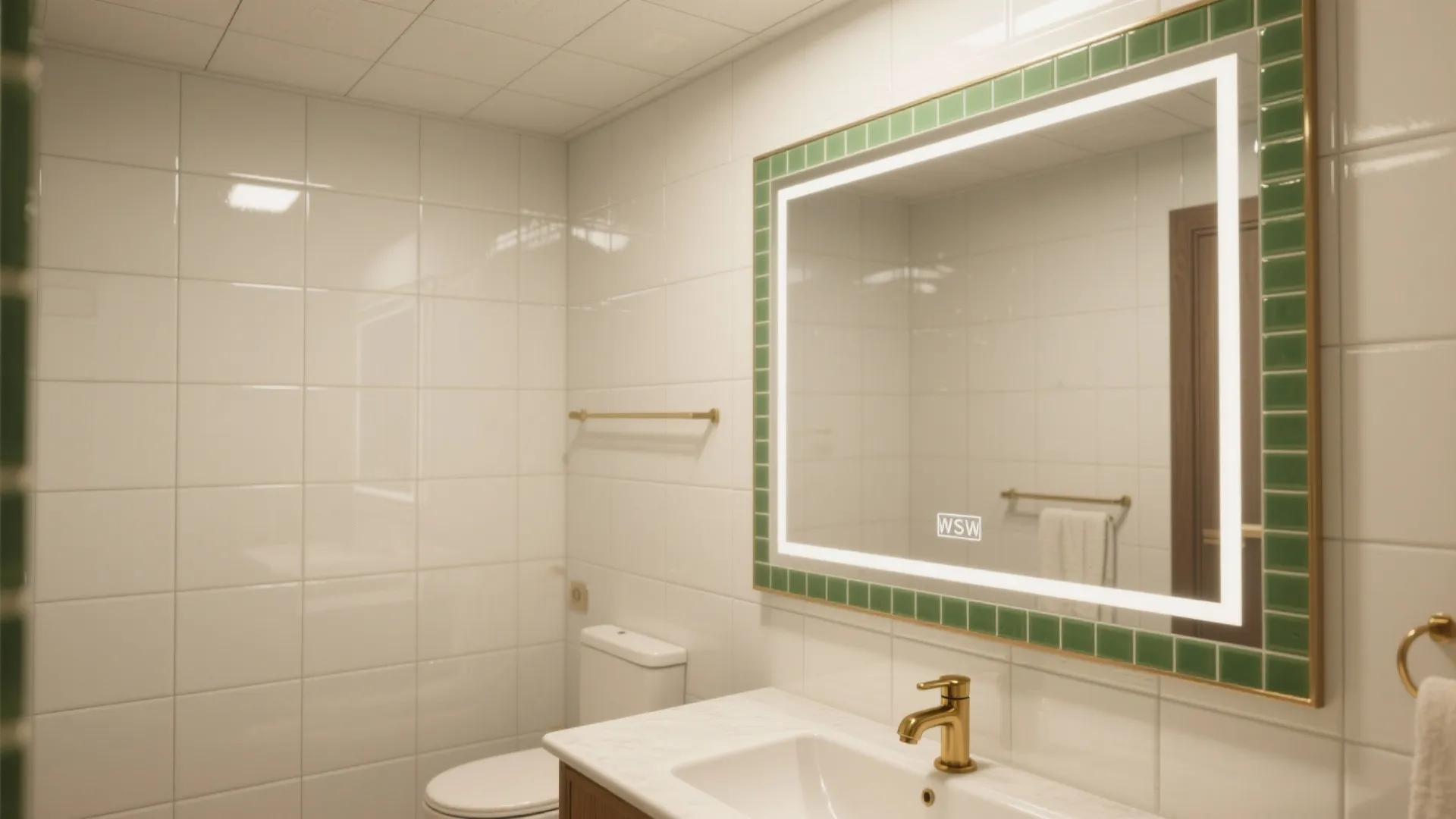 Modern bathroom with white wall tiles green tiled mirror gold faucet white sink and toilet