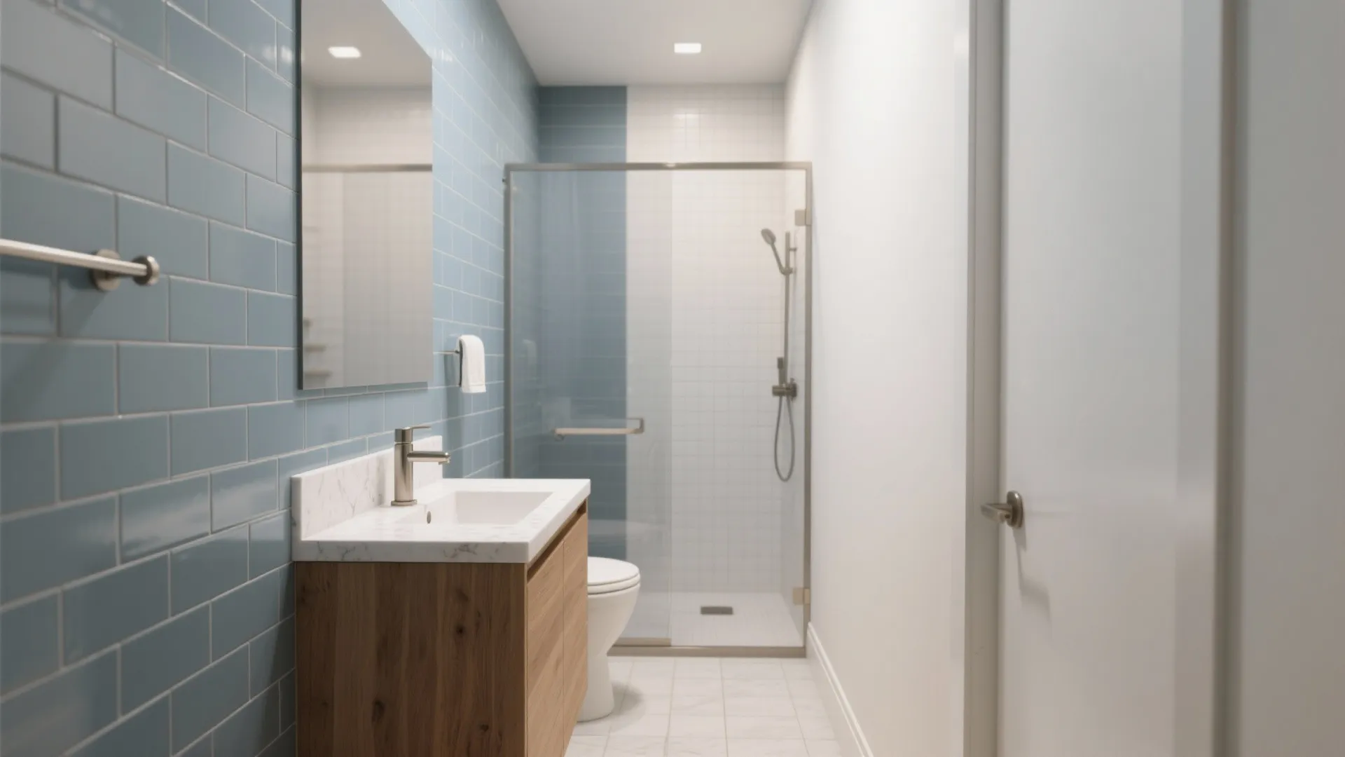 Blue-Grey Subway Tiles for a Calm Bath