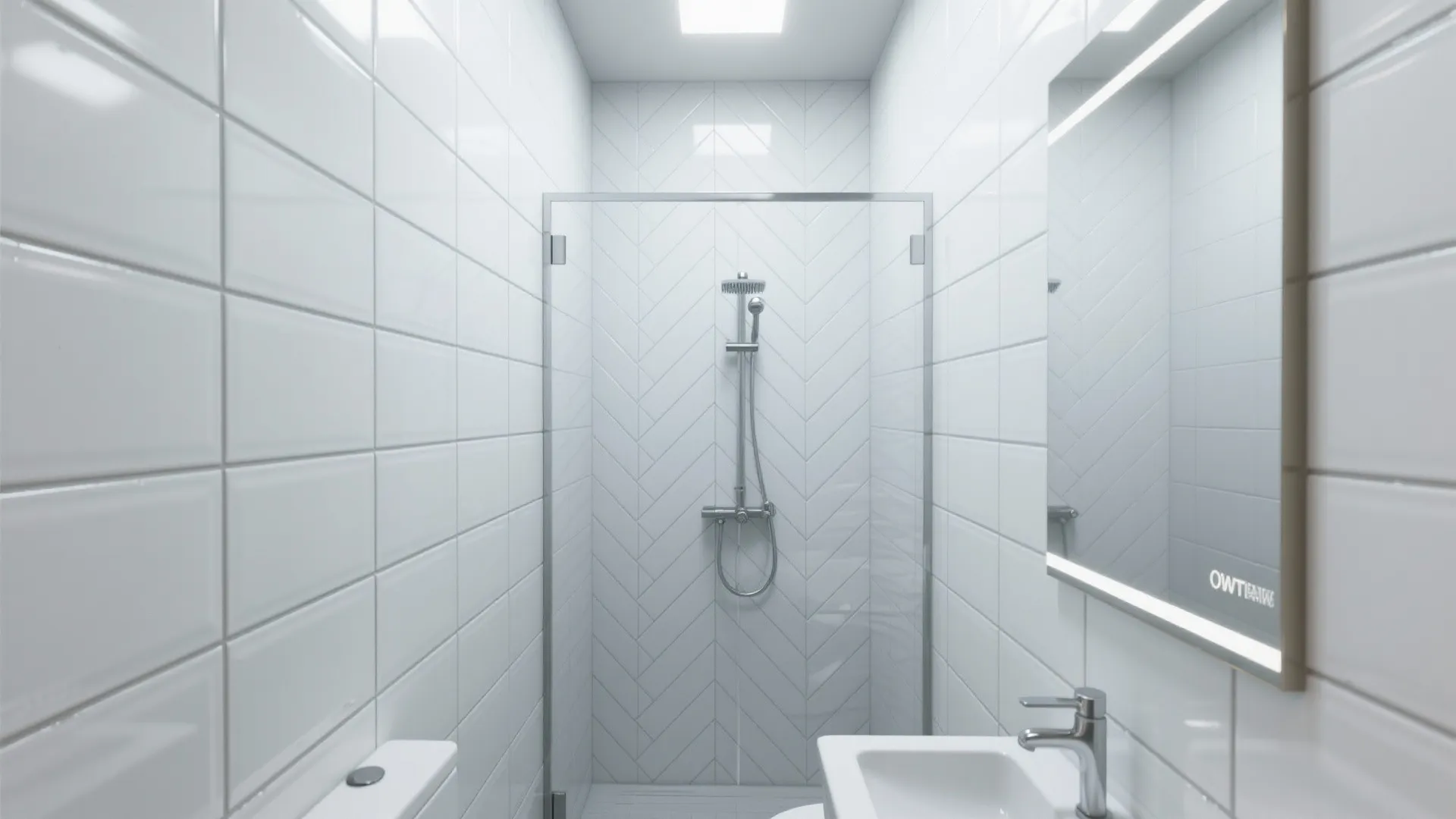 Small white bathroom design with wall tiles and a glass shower door with a modern mirror