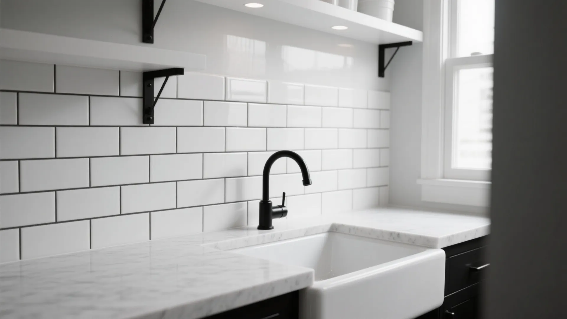 Modern kitchen sink with black faucet white brick wall tile marble countertop and open shelving