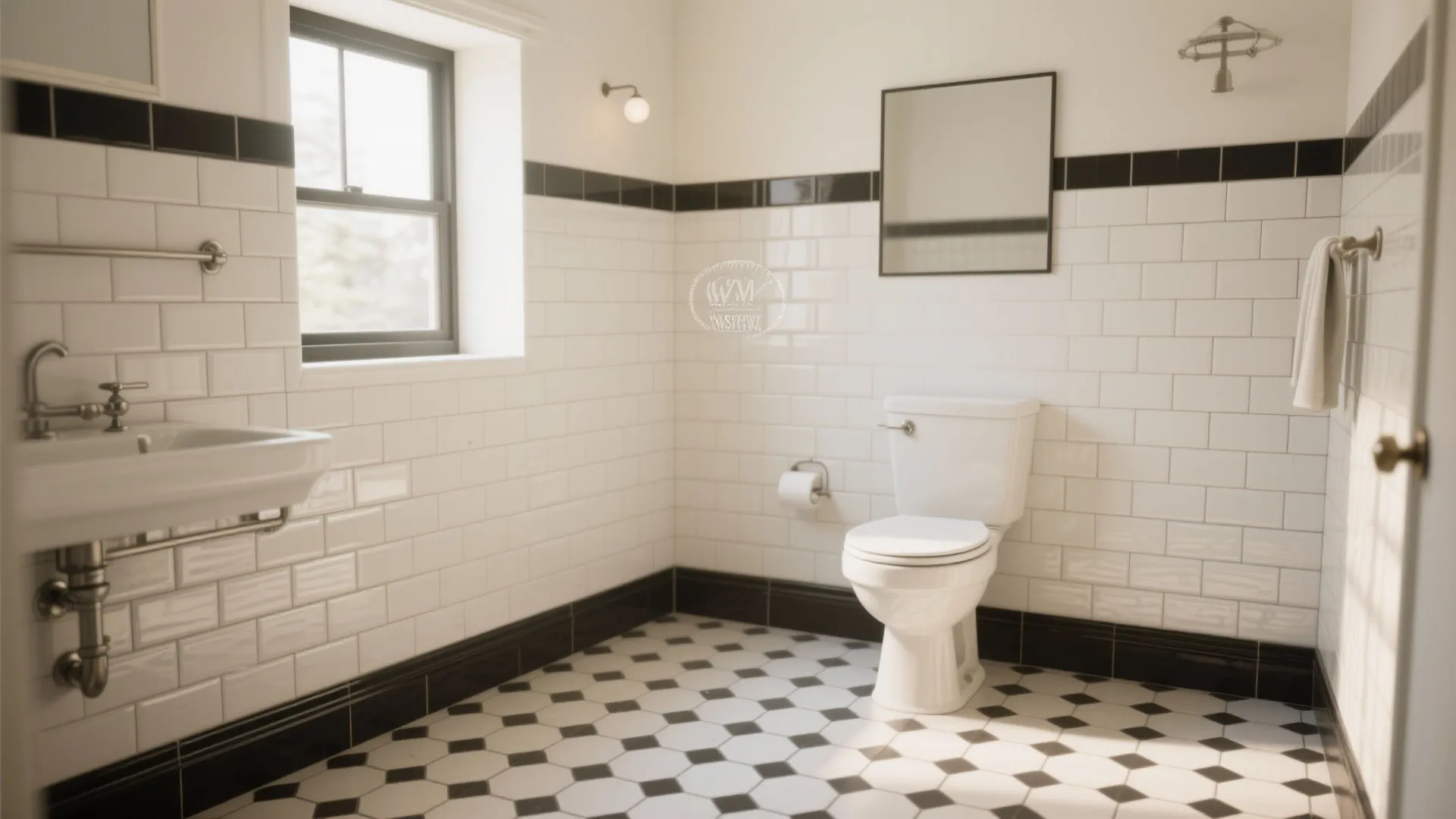 Vintage style bathroom with white subway wall tiles black floor tiles white sink and toilet
