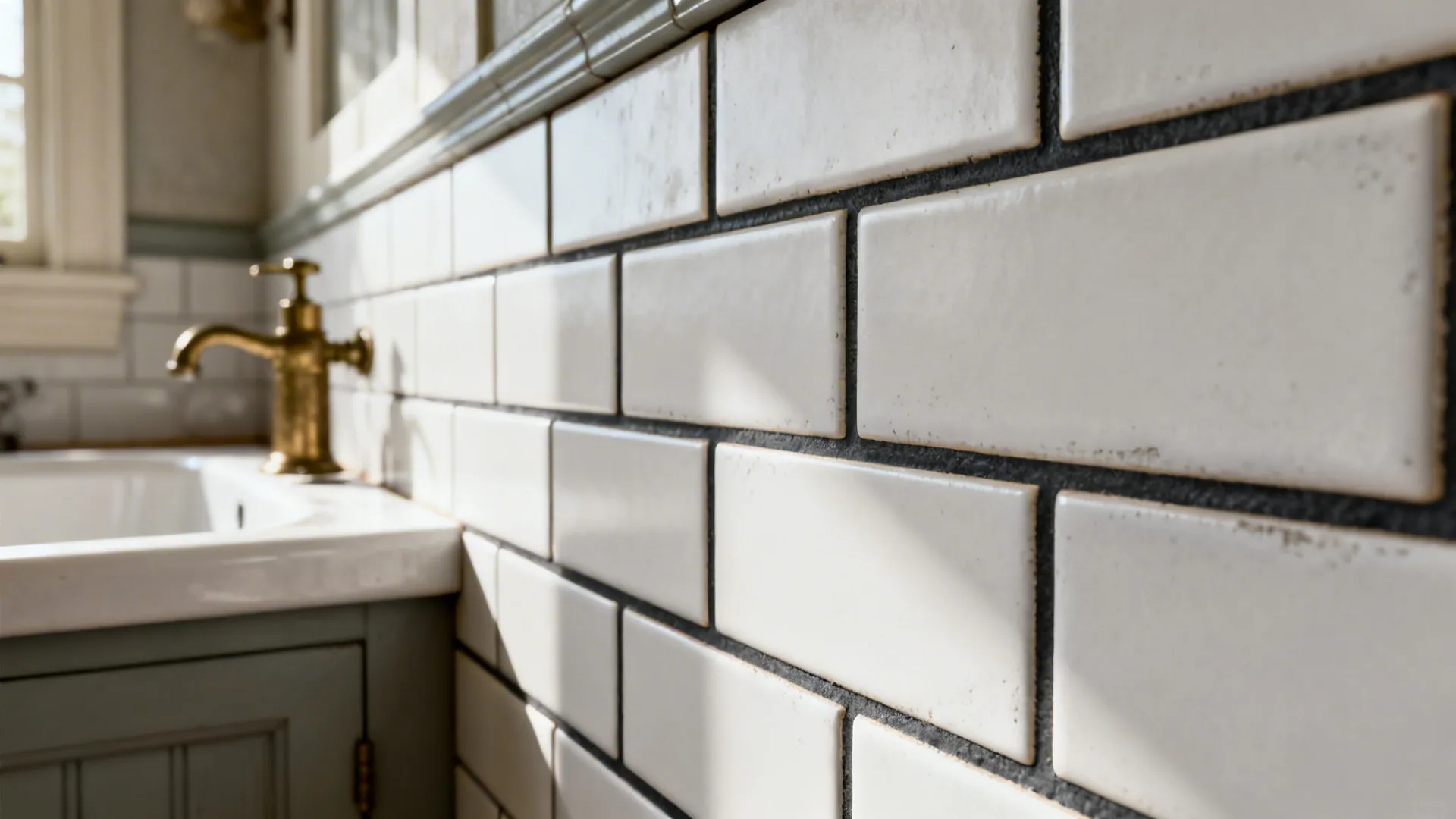 Close-up of matte white subway tiles with dark charcoal grout emphasizing horizontal lines.