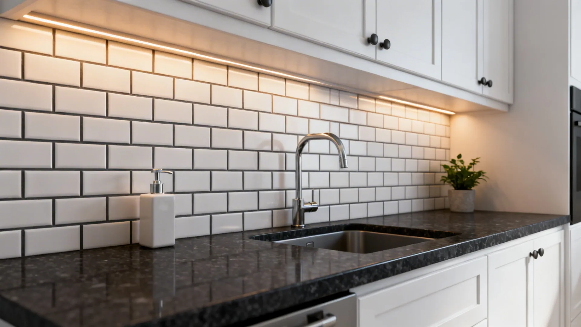White subway tile backsplash with charcoal grout above dark countertop and white cabinets