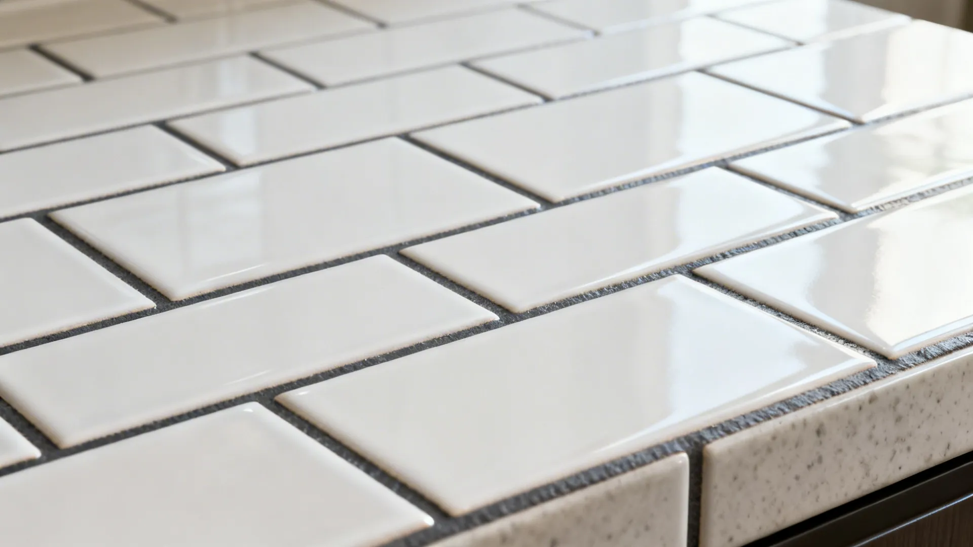 Close-up of white subway tiles with contrasting charcoal grout in a kitchen backsplash.