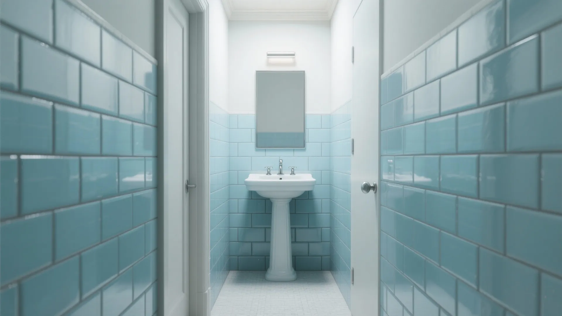Narrow bathroom featuring light blue subway wall tiles, white pedestal sink, mirror, and white door