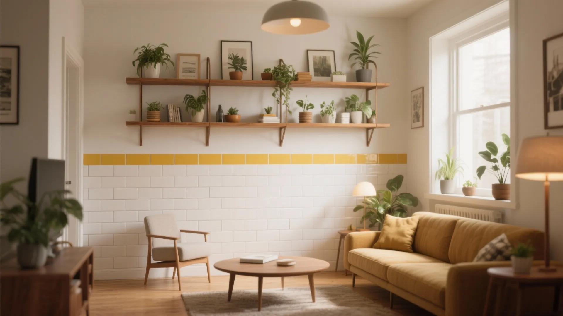 Living room with white wall tiles yellow stripe wooden shelves and a yellow fabric sofa