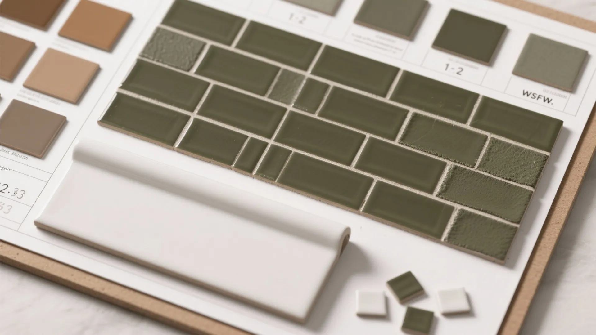 Green wall tiles on sample board with white trim piece and various small square color samples