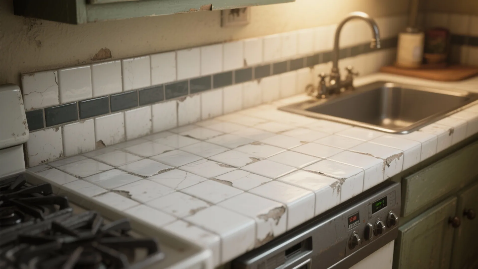 Old kitchen with white square tiles showing cracks on the counter and wall near the sink