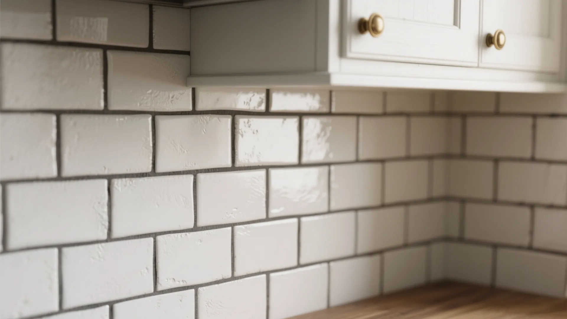 Close-up of white subway tile with charcoal grout next to a white cabinet and brass hardware.