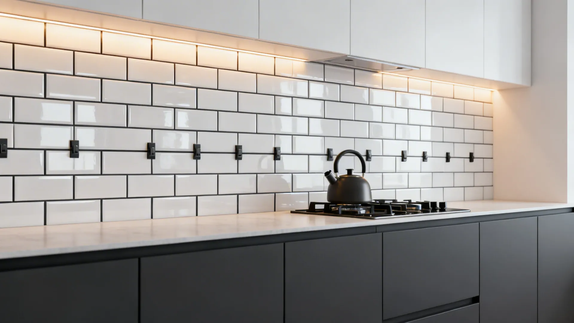 Studio kitchen with glossy white subway tile backsplash and charcoal grout paired with dark gray cabinets.