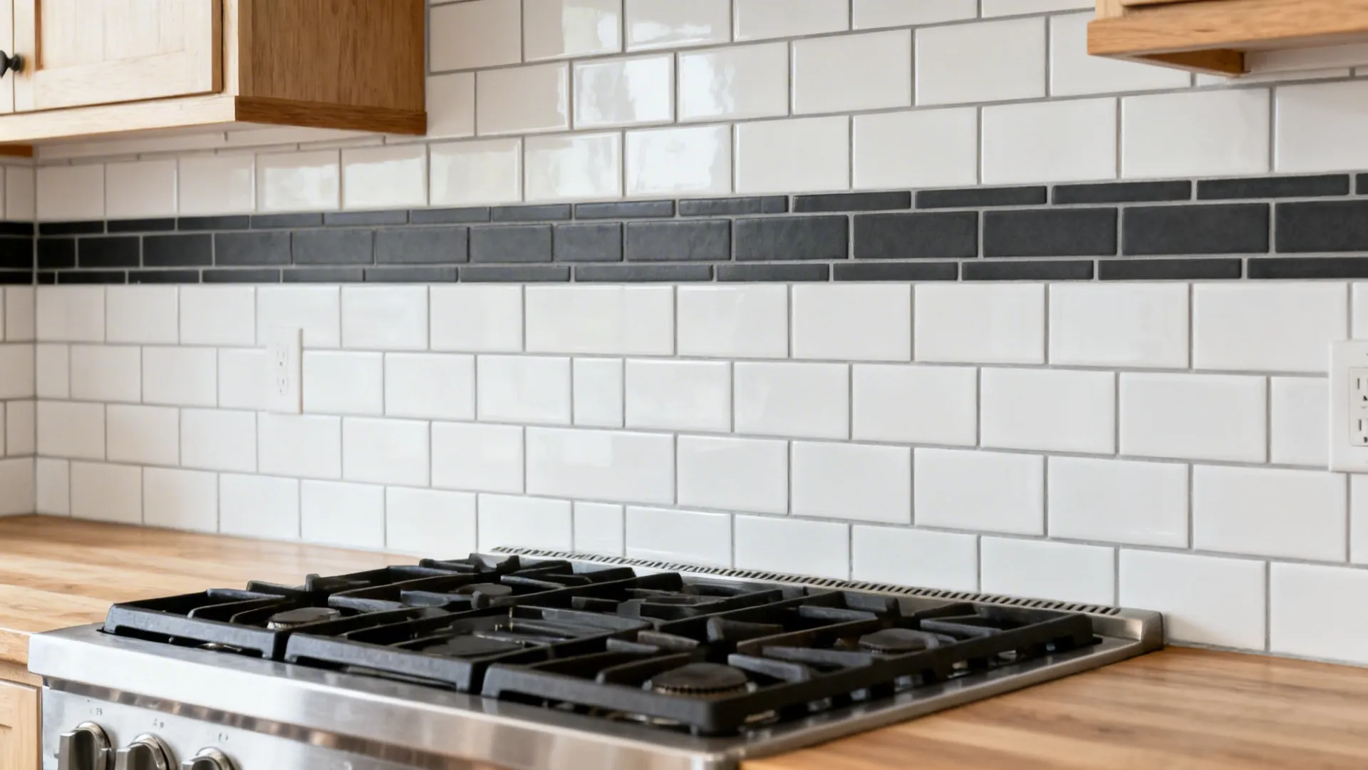 White subway backsplash with a single charcoal inset row at the cook zone.