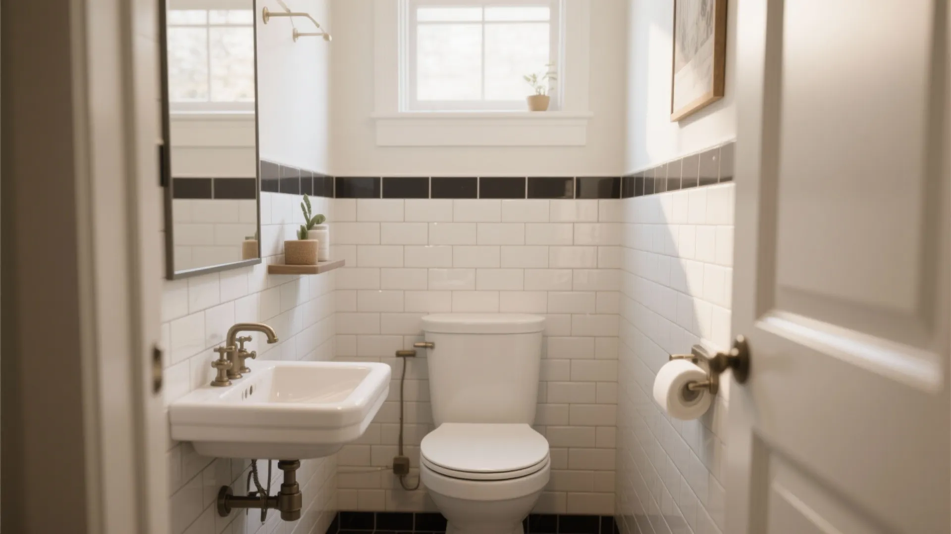 Small bathroom featuring white subway tiles with black trim white toilet sink and gold hardware