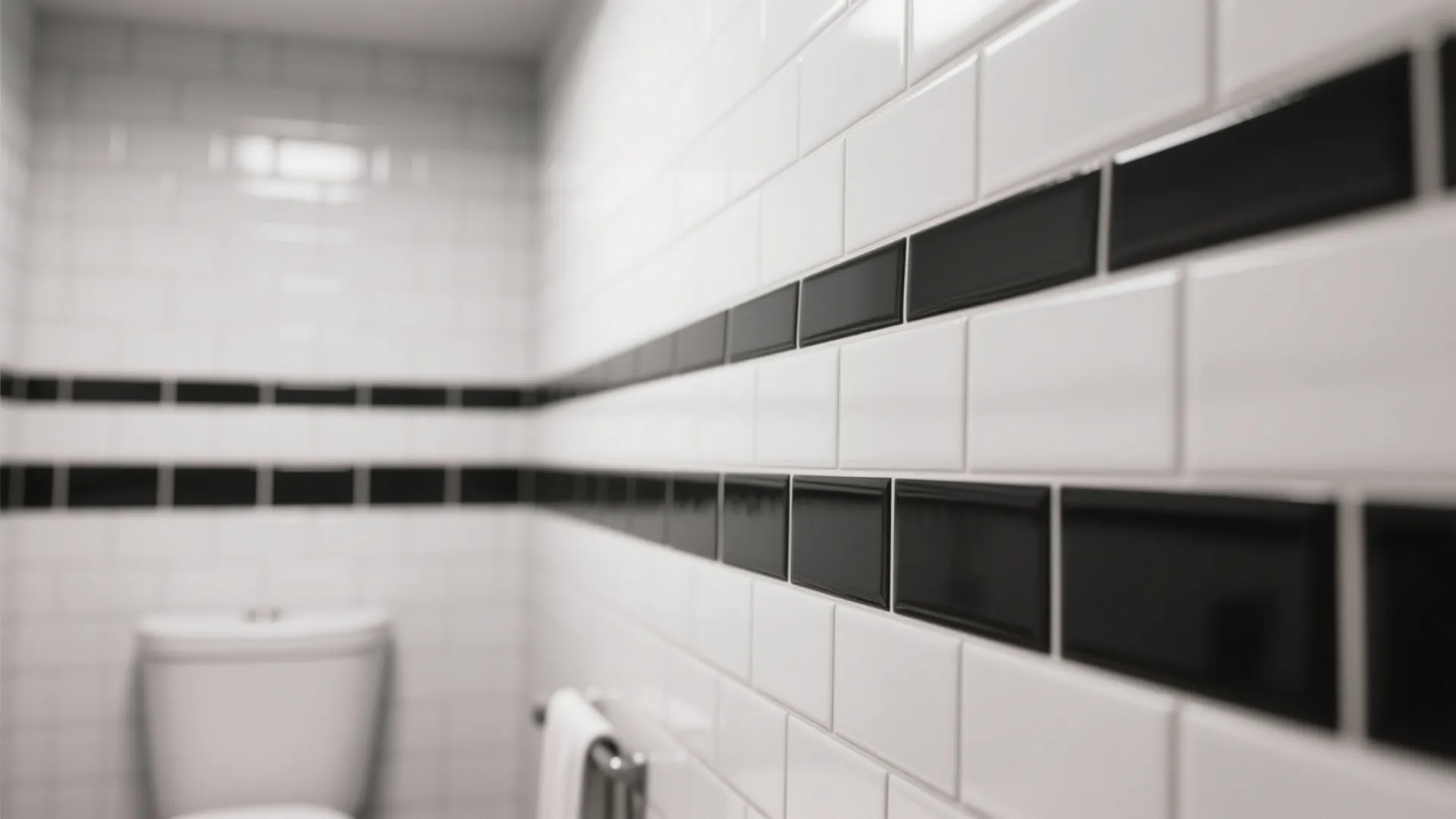 Modern bathroom wall with white and black rectangular tiles and a white toilet in background