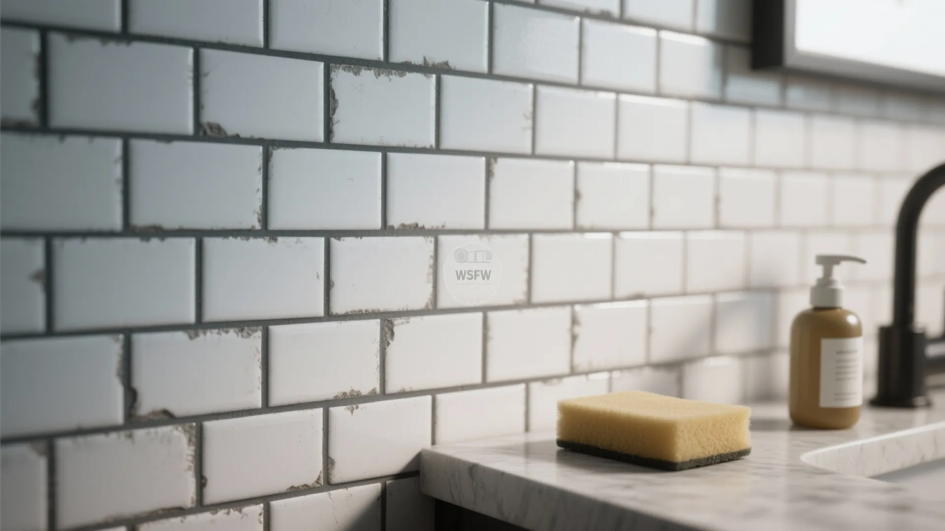 Close up of white wall tiles with dark grout yellow cleaning sponge and soap bottle display