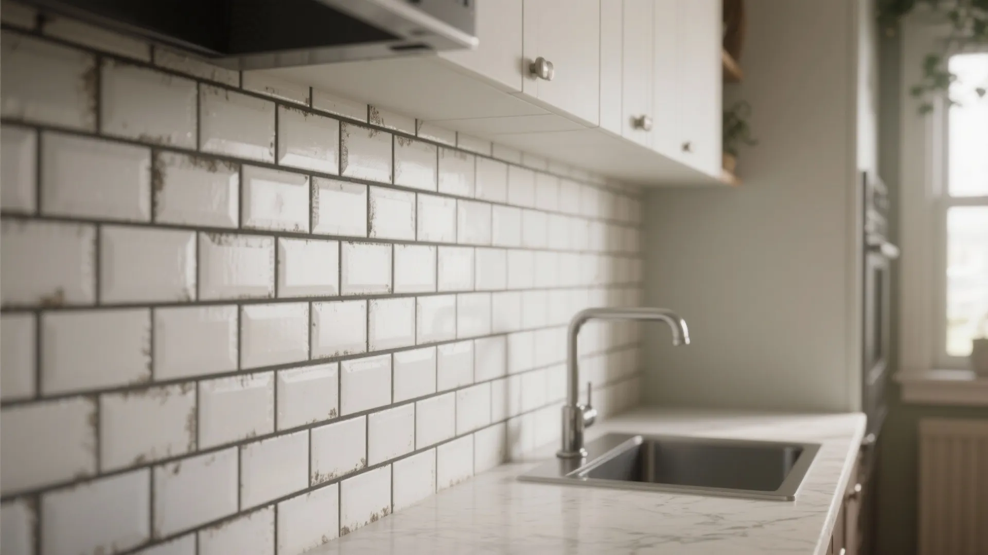 Modern kitchen with white subway wall tiles dark grout marble countertop silver sink and wooden cabinets