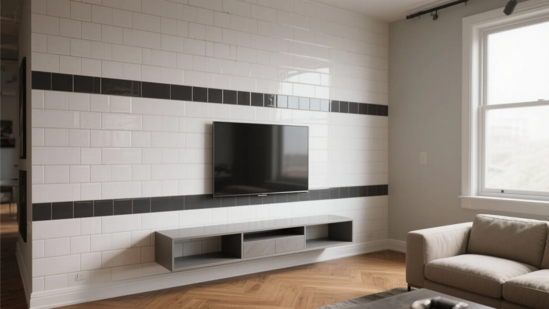 Modern living room featuring white wall tiles with dark grout lines and a grey TV cabinet