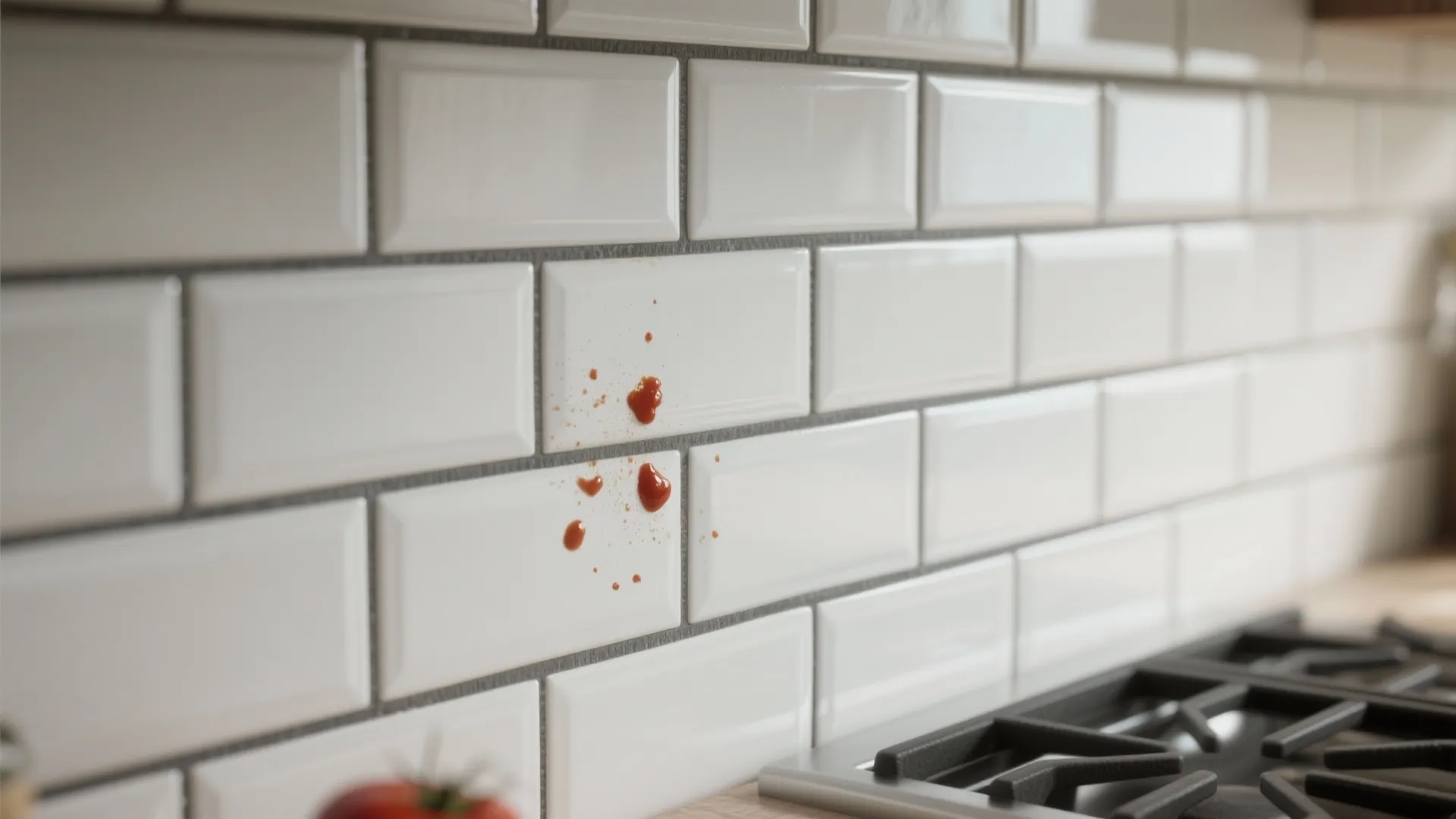 White subway tiles with dark gray grout on a kitchen splashback, showing texture and a small tomato stain.